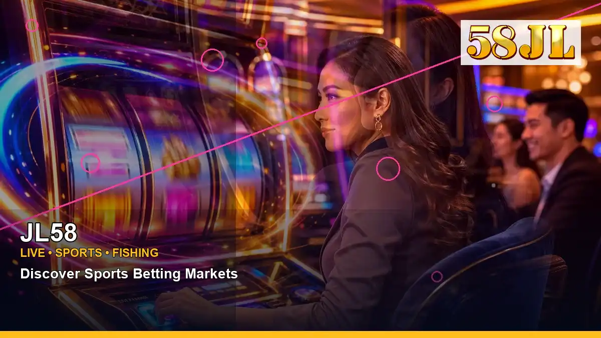 JL58 neon jackpot slot games featuring an adult Filipina casino host with a left-diagonal composition