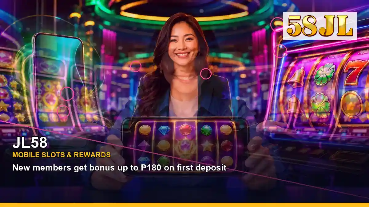 JL58 party online slot games featuring an adult Filipina casino host with a centered composition
